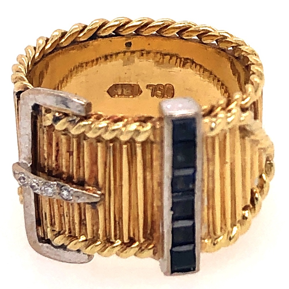 Vintage💙18KT Gold💙 Diamond and Sapphire Mini Belt Buckle Ring - Picture 3 of 15